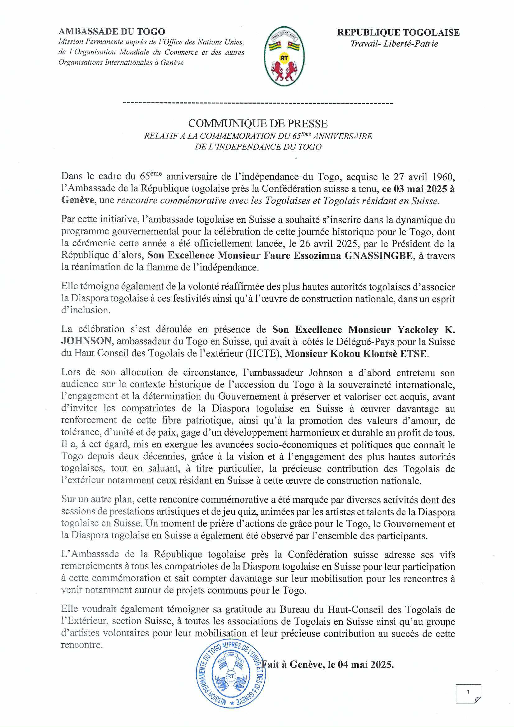 Communiqué de presse relatif à la commémoration du 65ème anniversaire de l&#039;indépendance du Togo